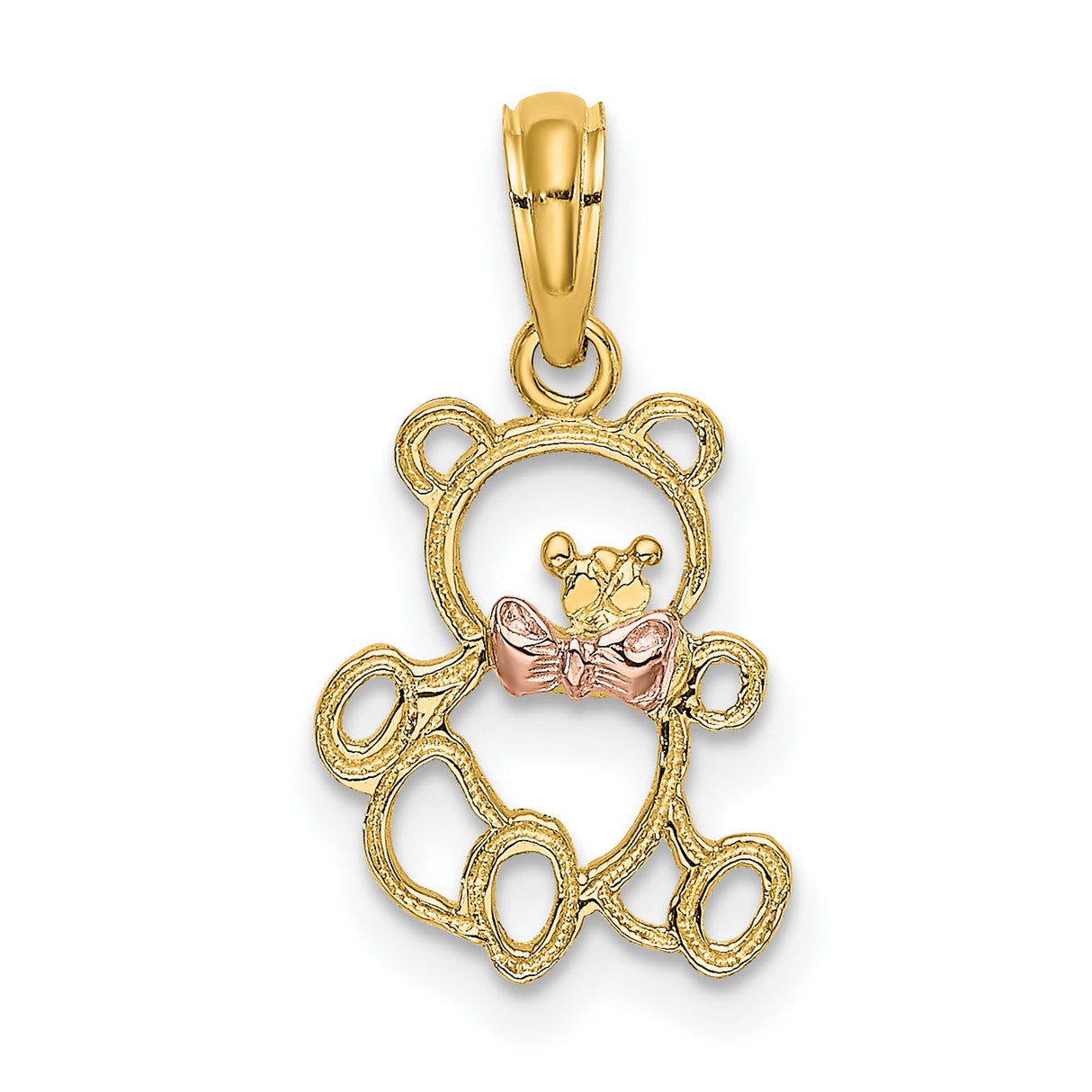 14k Two-Tone Gold Teddy Bear Pendant with Rose Gold Bow, Whimsical Animal Charm for Women