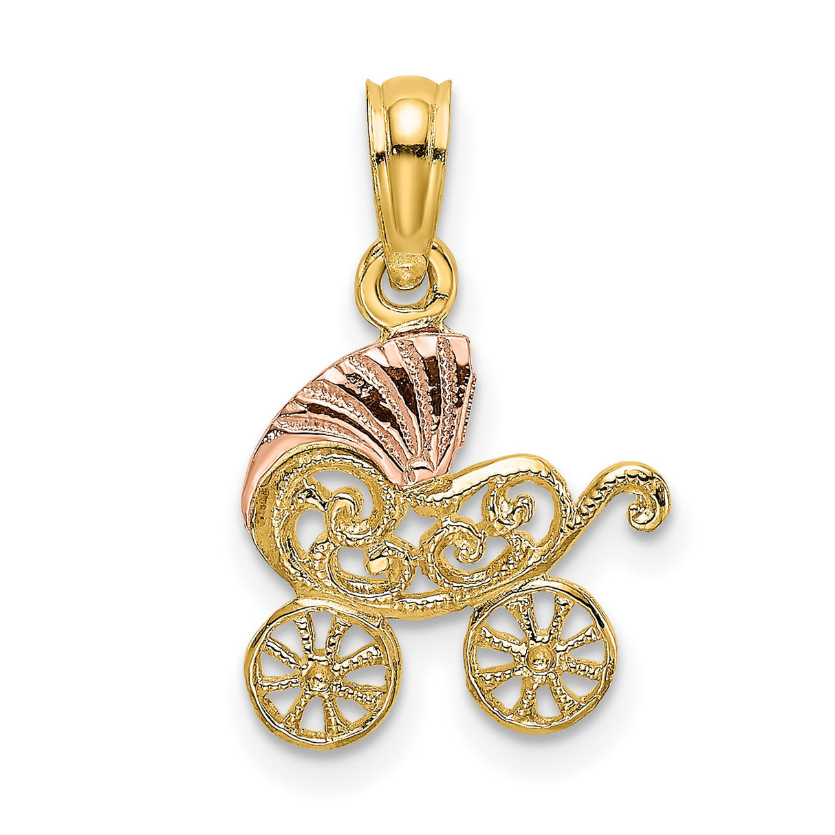 14k Two-Tone Gold Baby Stroller Pendant, Filigree Maternity Keepsake Charm