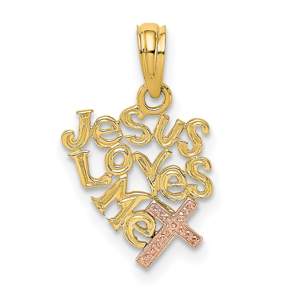 14k Two-Tone Gold Jesus Loves Me Pendant with Rose Gold Cross Accent
