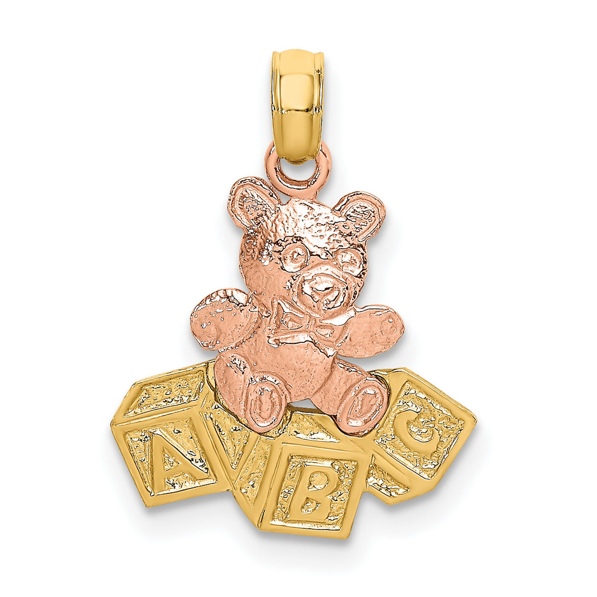 14k Two Tone Gold Pendant with Rose Gold Teddy Bear on Yellow Gold ABC Blocks