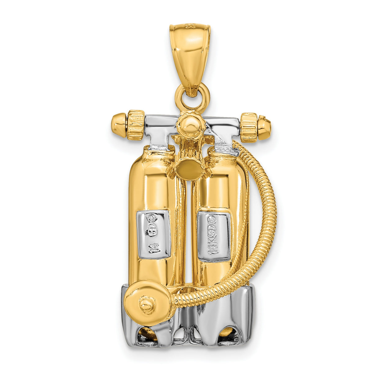 14k Multi-Tone Gold Scuba Tank Pendant with Twin Cylinder Hose Design, Ocean Theme