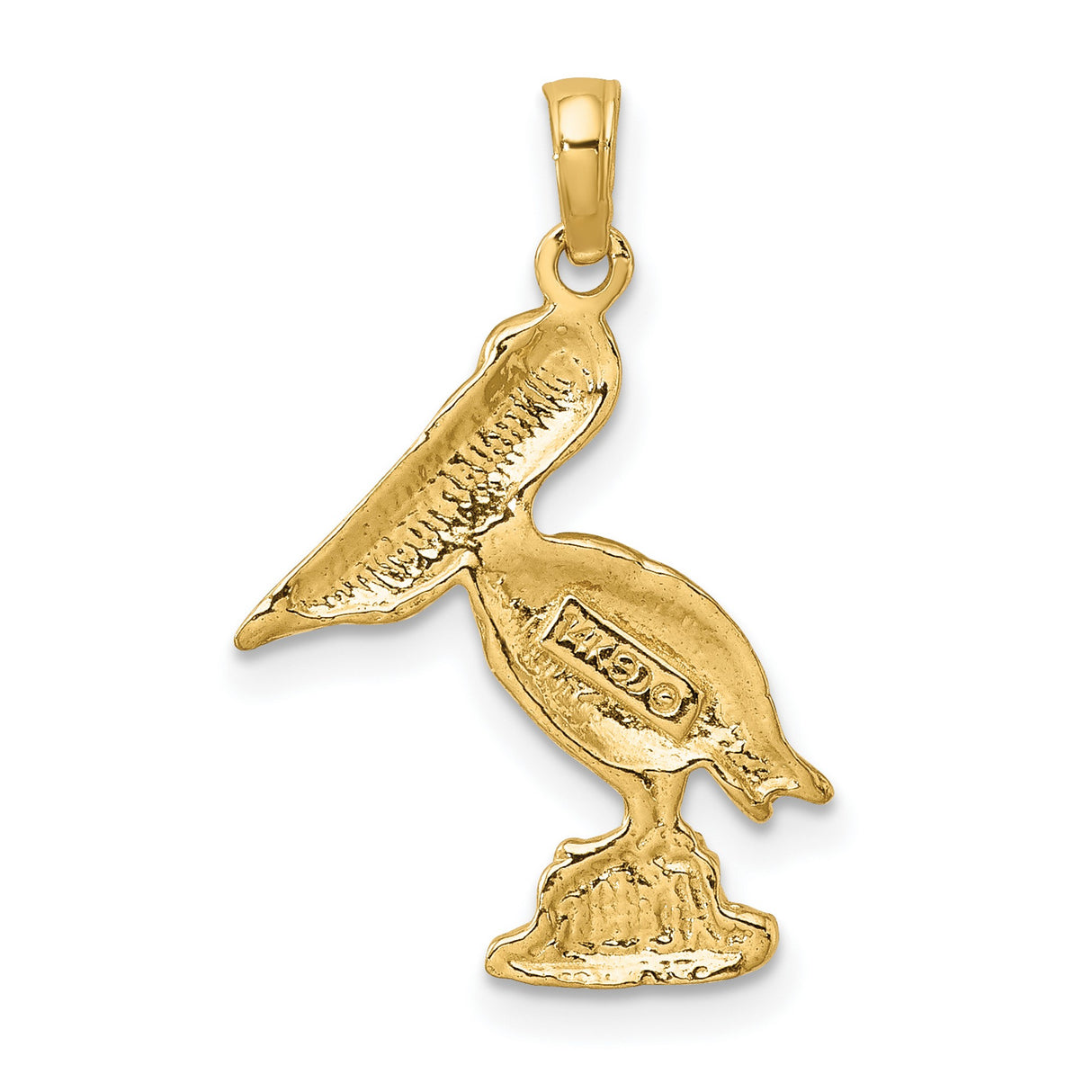 14k Two-Tone Gold Pelican Pendant with Textured Base, Ocean Nature Wildlife Charm