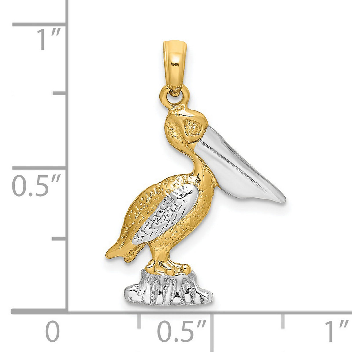 14k Two-Tone Gold Pelican Pendant with Textured Base, Ocean Nature Wildlife Charm