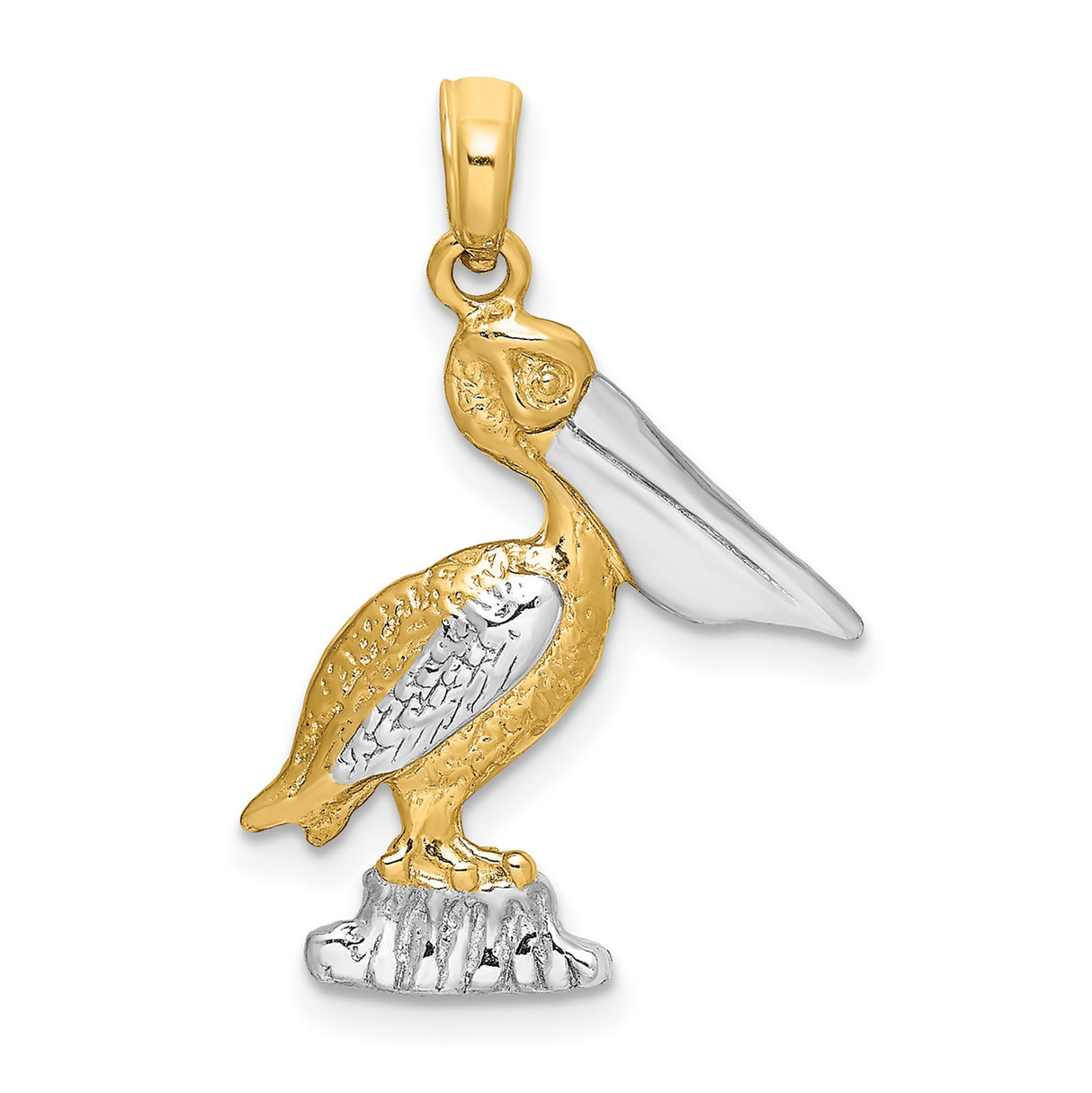 14k Two-Tone Gold Pelican Pendant with Textured Base, Ocean Nature Wildlife Charm