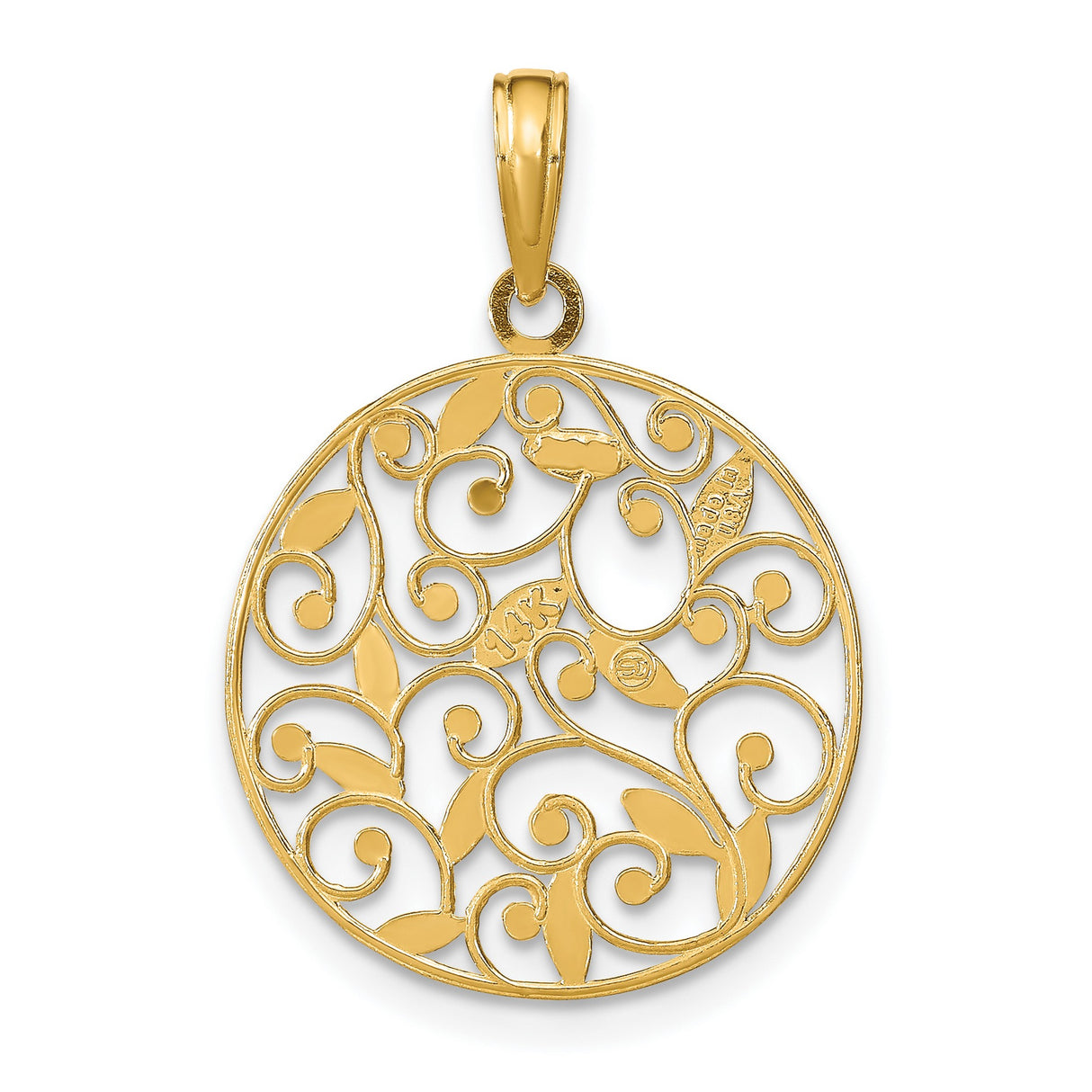 14k Yellow Gold Filigree Pendant, Two-Tone Vine and Leaf Botanical Charm for Women