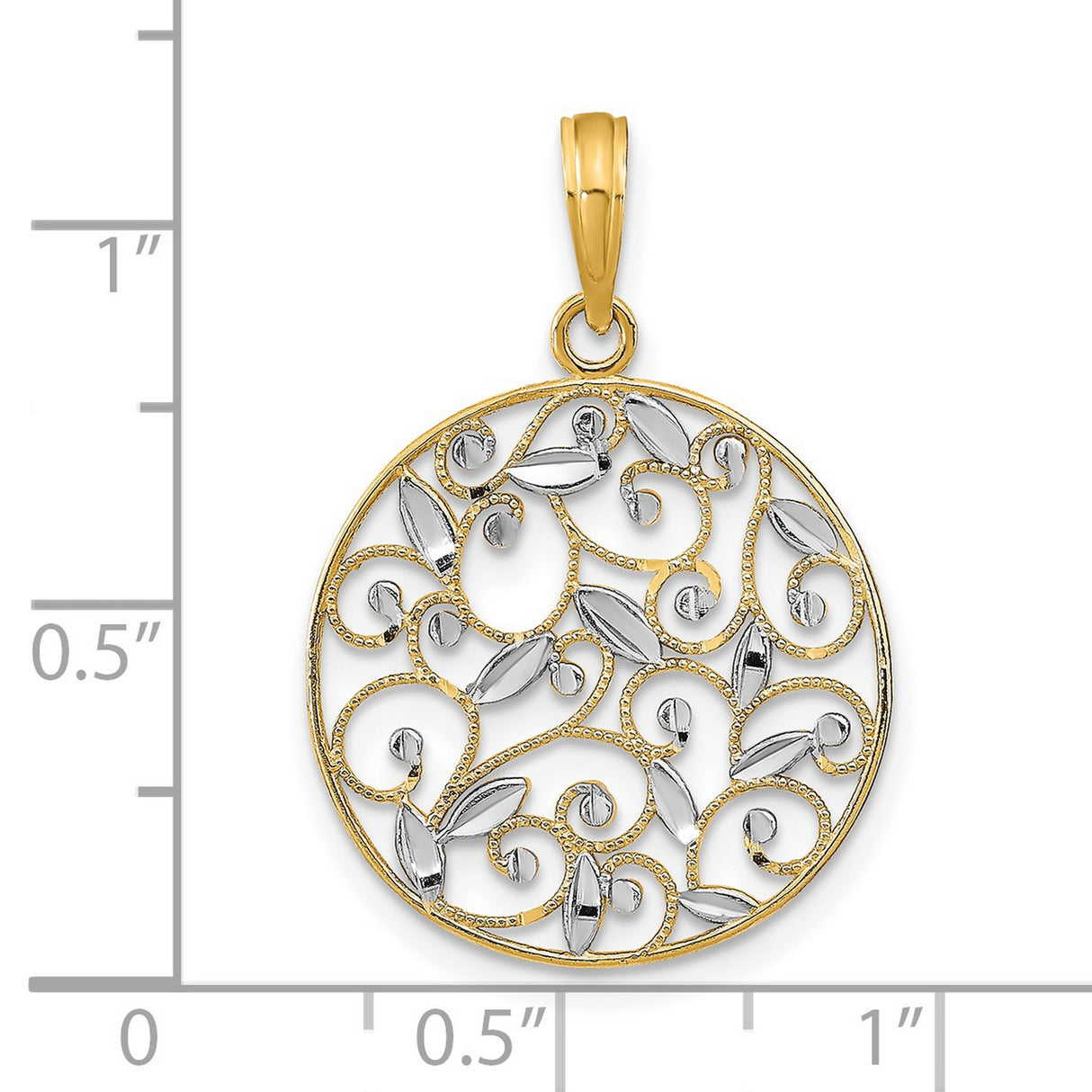 14k Yellow Gold Filigree Pendant, Two-Tone Vine and Leaf Botanical Charm for Women