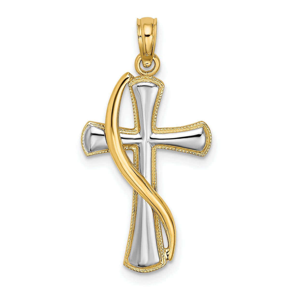 14k Two-Tone Gold Cross Pendant with Milgrain Detail, Polished Religious Design for Men and Women