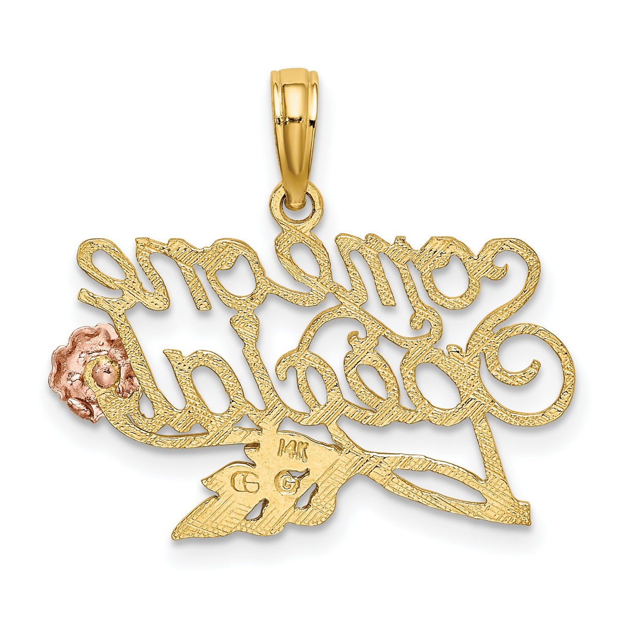 14k Two-Tone Gold Pendant with Someone Special Script, Rose Flower and Leaf Design