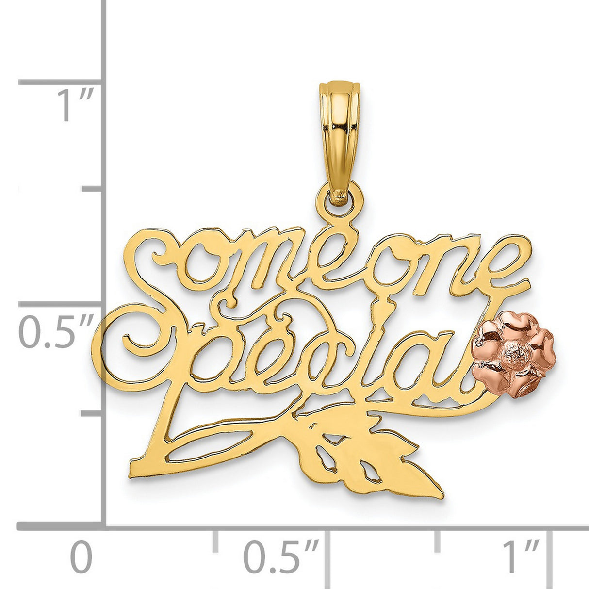 14k Two-Tone Gold Pendant with Someone Special Script, Rose Flower and Leaf Design