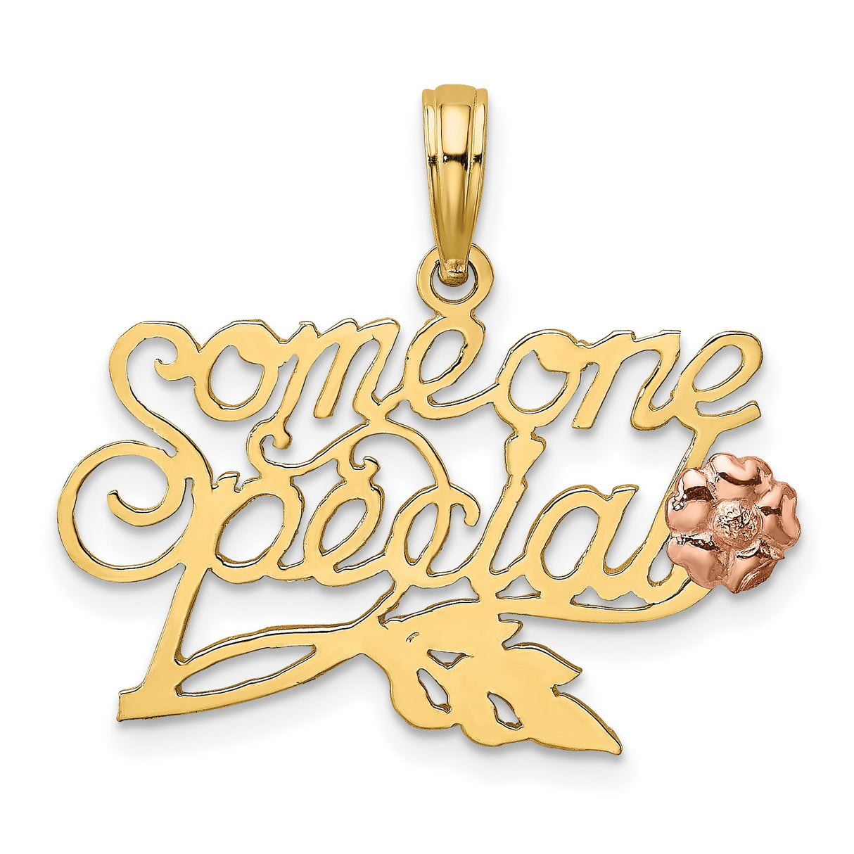 14k Two-Tone Gold Pendant with Someone Special Script, Rose Flower and Leaf Design