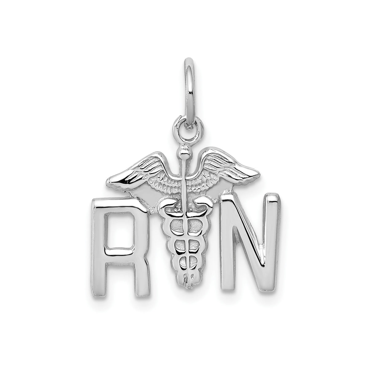 14k White Gold RN Pendant with Caduceus Symbol, Medical Charm for Nurses