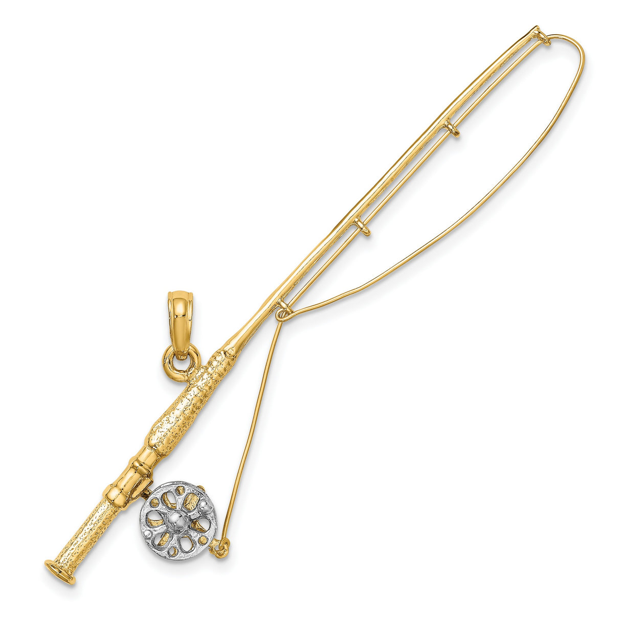 14k Multi-Tone Gold Fishing Rod Pendant with Rhodium Reel Detail, Outdoor Sportsman Charm