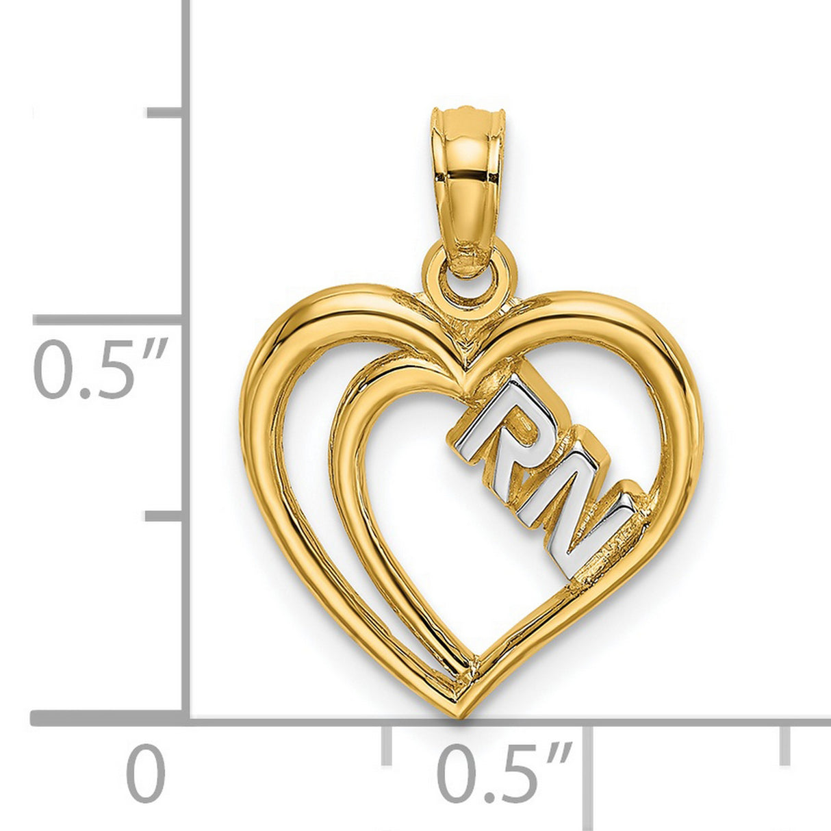 14k Yellow Gold and Rhodium RN Heart Pendant, Registered Nurse Symbol Charm
