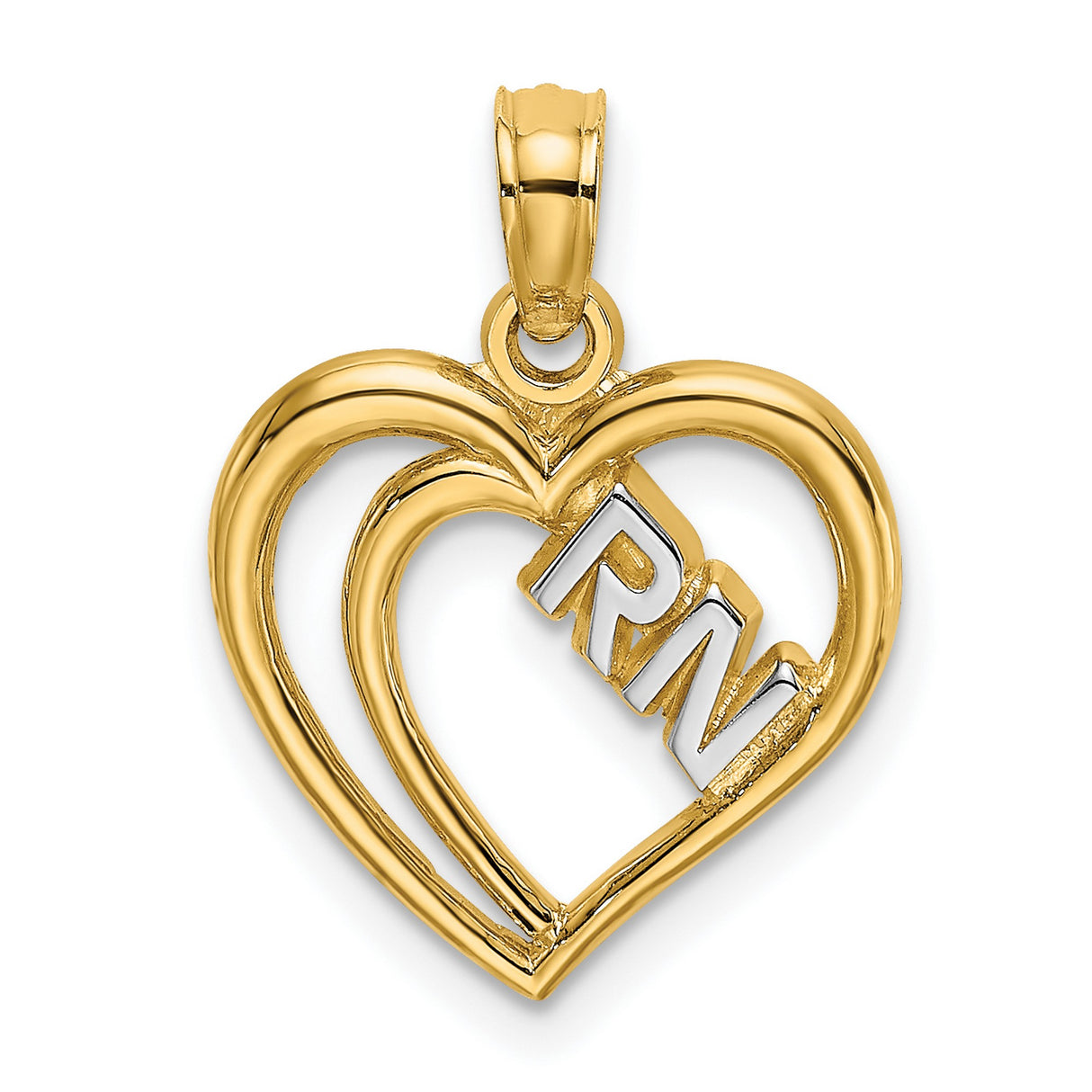 14k Yellow Gold and Rhodium RN Heart Pendant, Registered Nurse Symbol Charm