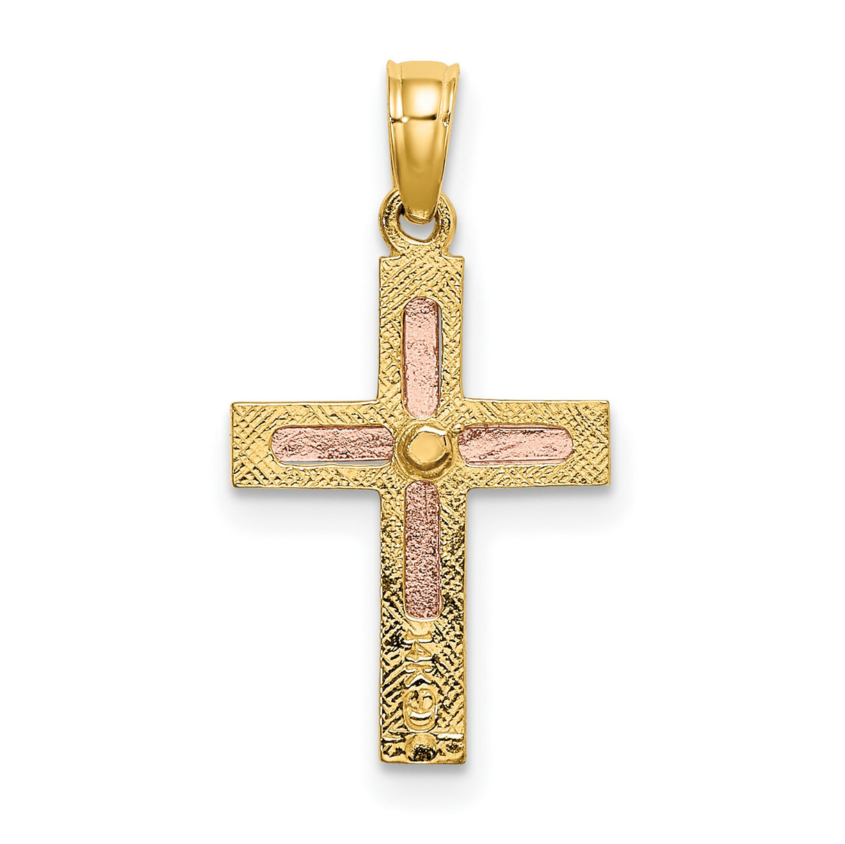 14k Two-Tone Gold Cross Pendant with Rose Enamel and Textured Finish