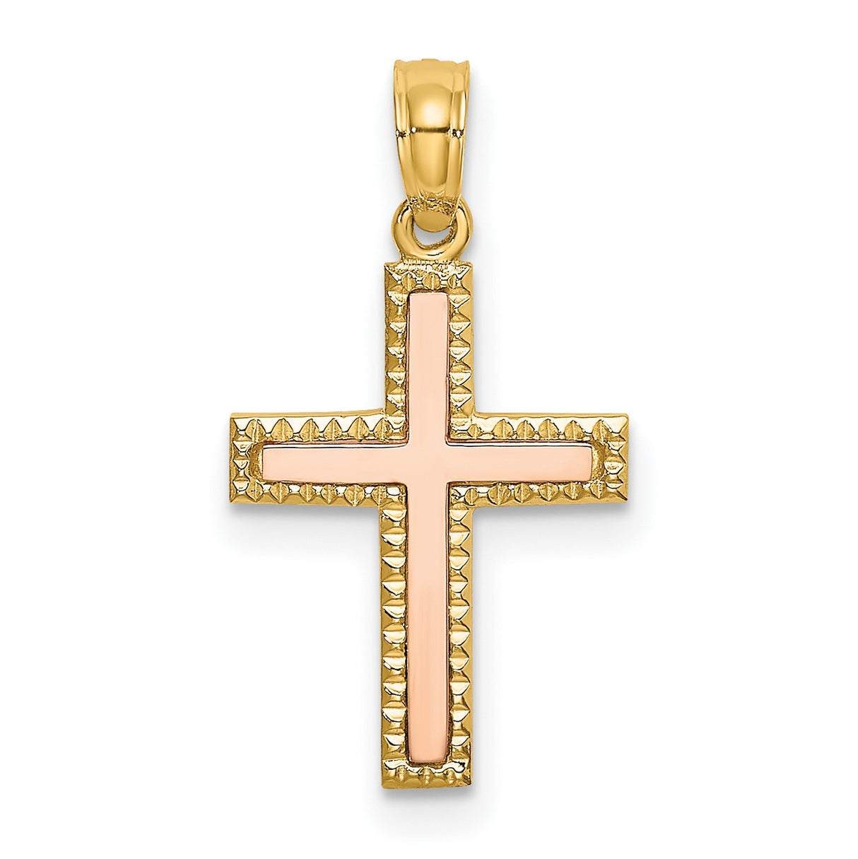 14k Two-Tone Gold Cross Pendant with Rose Enamel and Textured Finish
