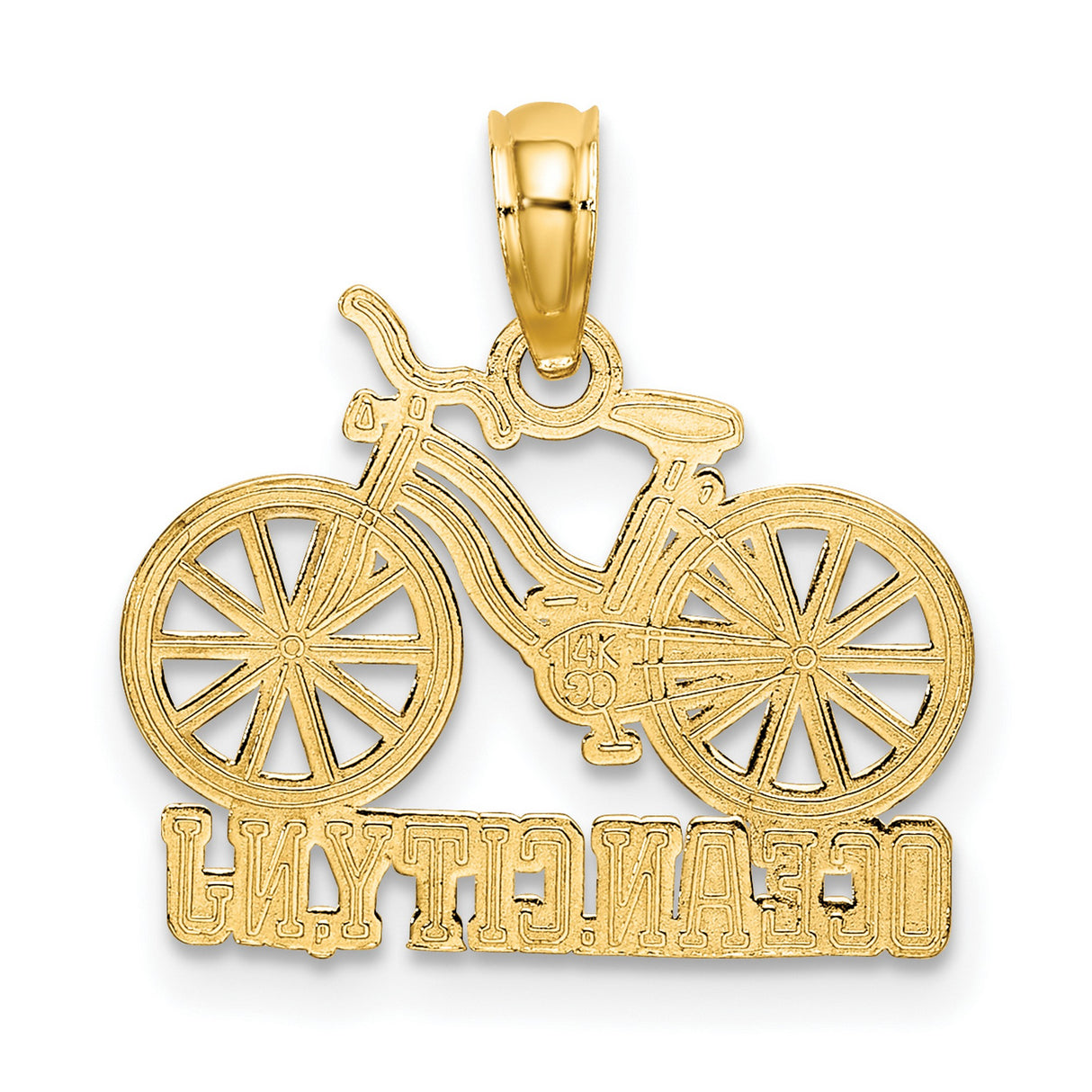 14k Two-Tone Gold Ocean City NJ Pendant, Beach Cruiser Bike Travel Charm