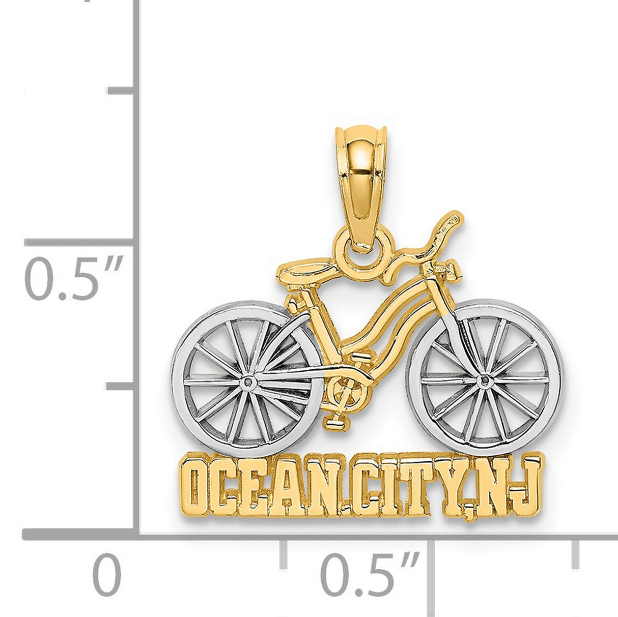 14k Two-Tone Gold Ocean City NJ Pendant, Beach Cruiser Bike Travel Charm