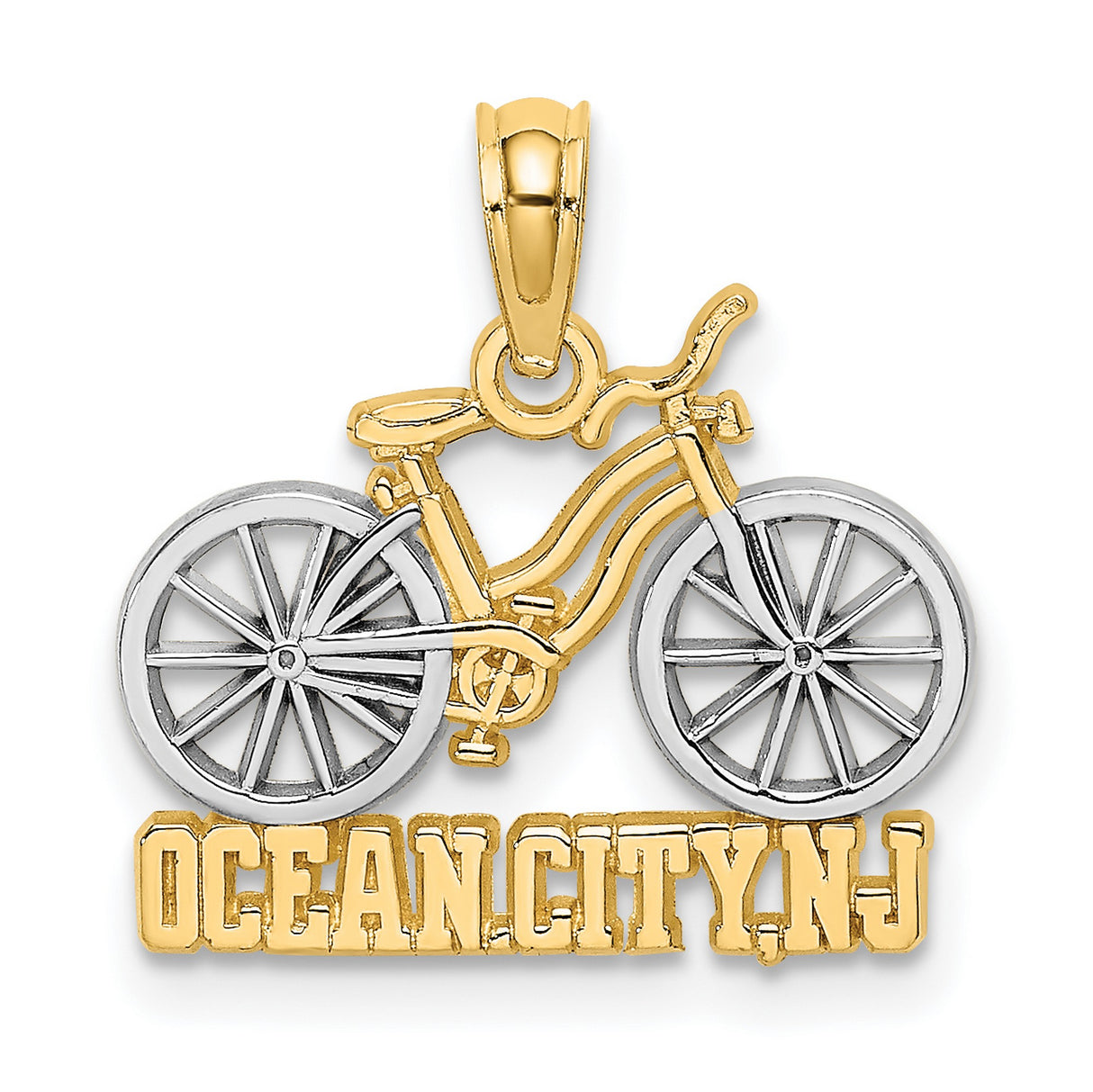 14k Two-Tone Gold Ocean City NJ Pendant, Beach Cruiser Bike Travel Charm