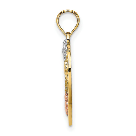 14k Two-Tone Gold Heart Pendant with Floral Accents and Number One Mom Text for Women