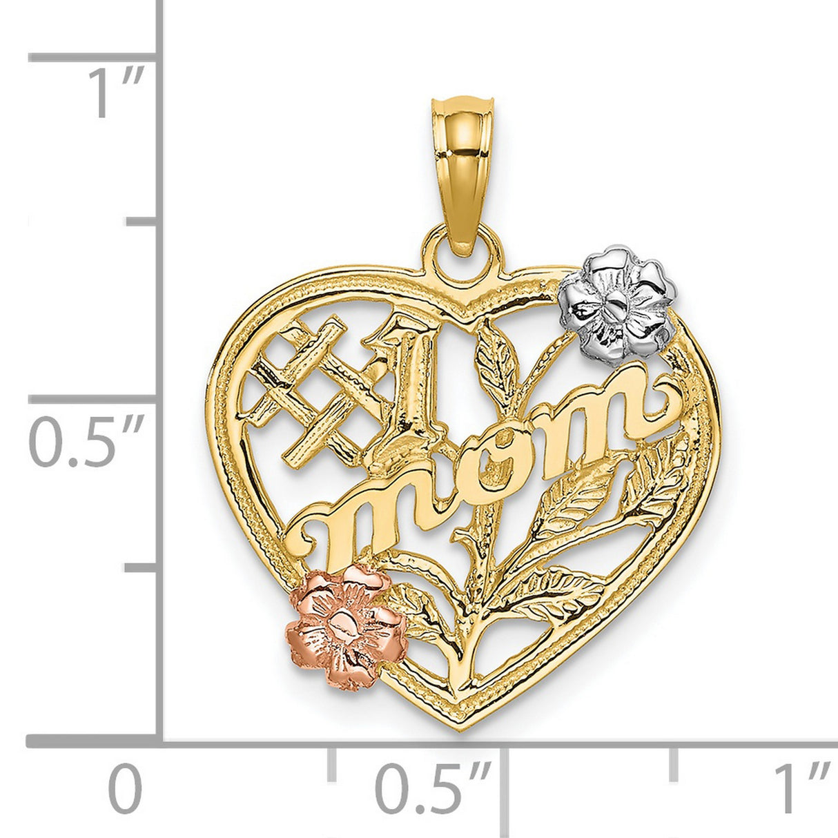 14k Two-Tone Gold Heart Pendant with Floral Accents and Number One Mom Text for Women