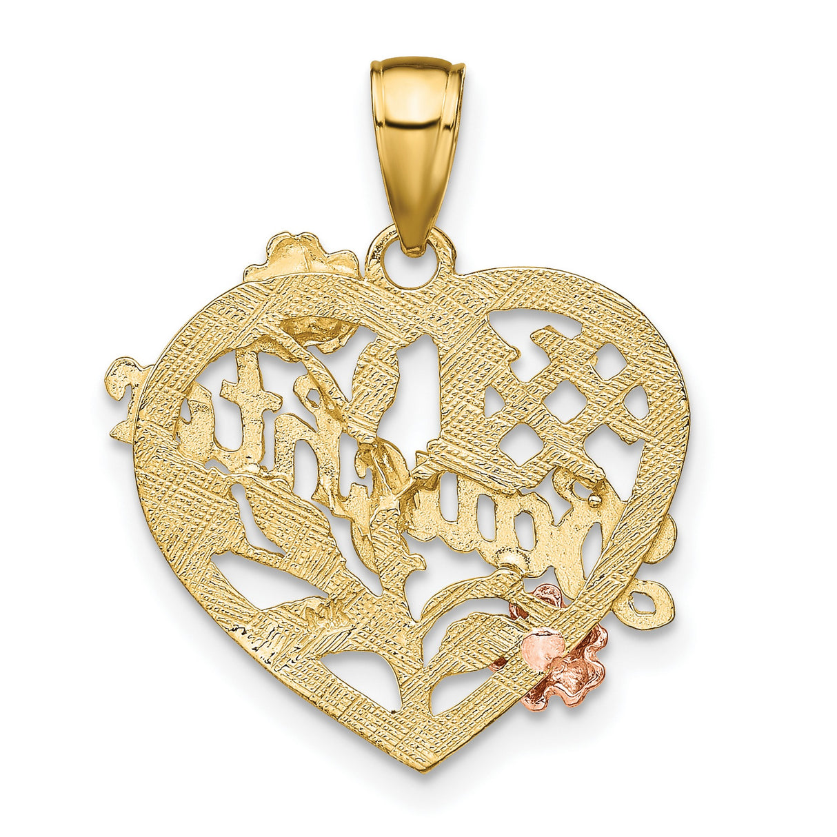 14k Two-Tone Gold Heart Pendant with Rose and White Gold Floral Accents, #1 Daughter Message