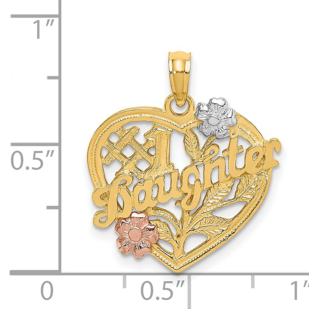 14k Two-Tone Gold Heart Pendant with Rose and White Gold Floral Accents, #1 Daughter Message