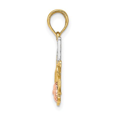 14k Two-Tone Gold Pendant with #1 Mom Script, Rose Flower and Leaf Design