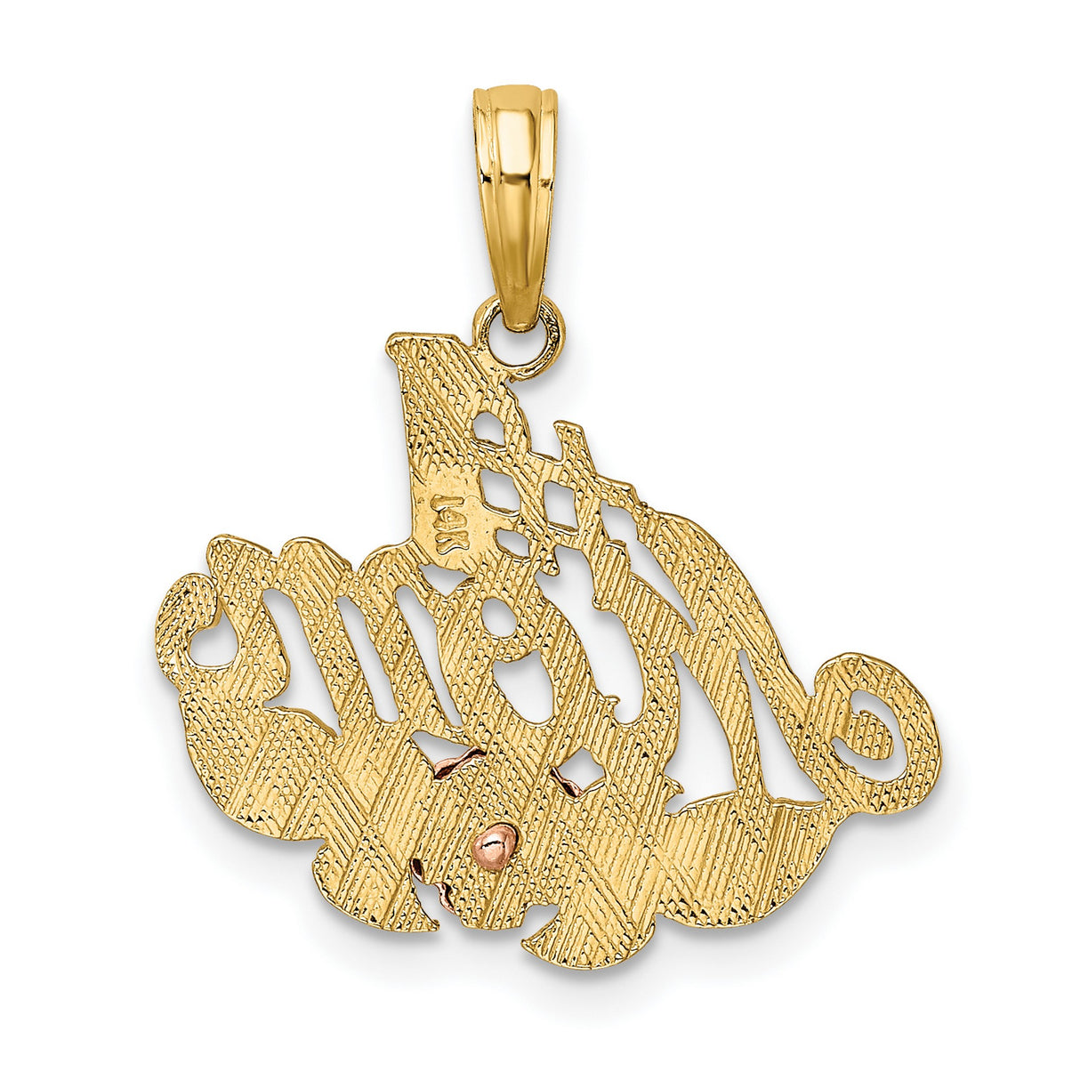 14k Two-Tone Gold Pendant with #1 Mom Script, Rose Flower and Leaf Design