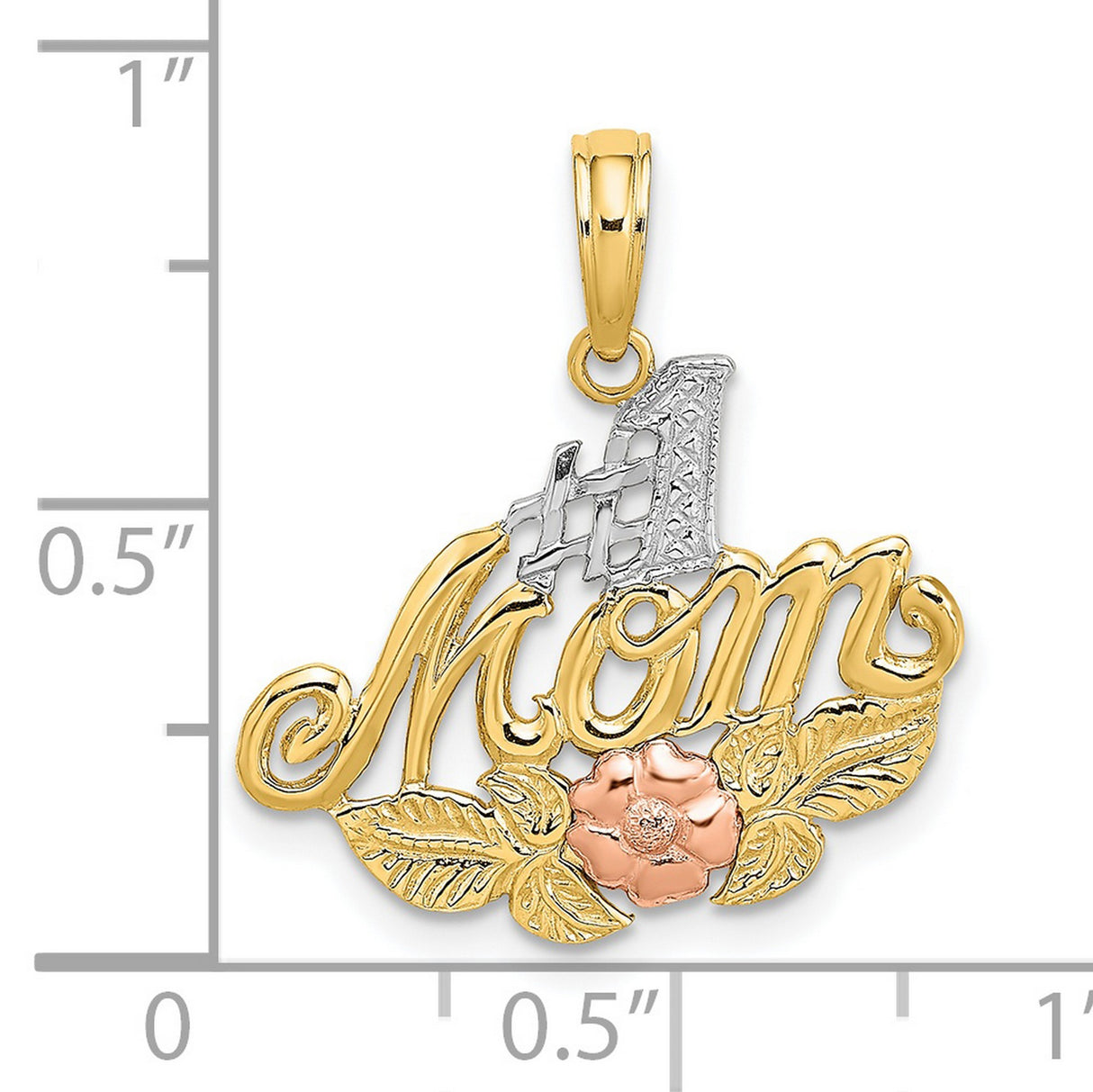 14k Two-Tone Gold Pendant with #1 Mom Script, Rose Flower and Leaf Design