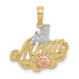 14k Two-Tone Gold Pendant with #1 Mom Script, Rose Flower and Leaf Design