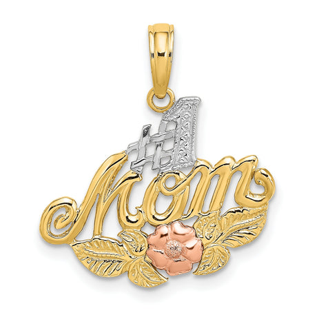 14k Two-Tone Gold Pendant with #1 Mom Script, Rose Flower and Leaf Design