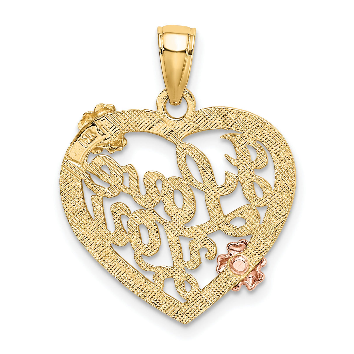14k Two-Tone Gold Heart Pendant with I Love You Script and Rose & White Gold Flower Accents