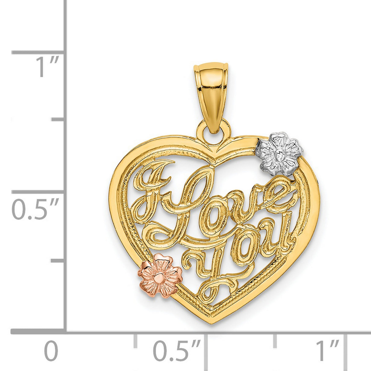 14k Two-Tone Gold Heart Pendant with I Love You Script and Rose & White Gold Flower Accents