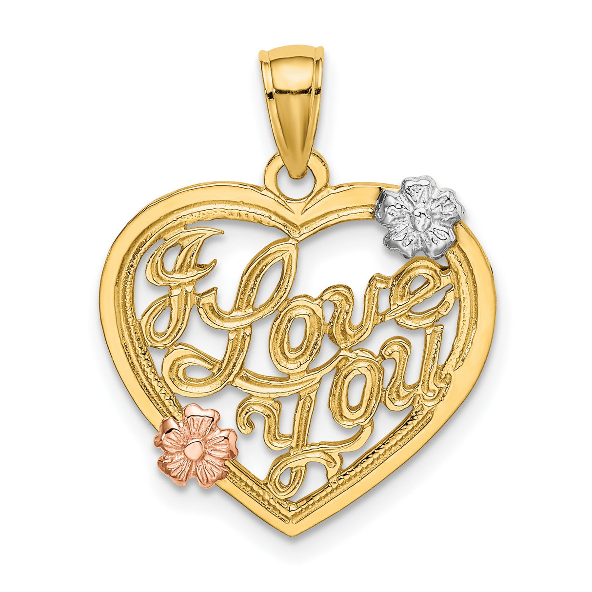 14k Two-Tone Gold Heart Pendant with I Love You Script and Rose & White Gold Flower Accents