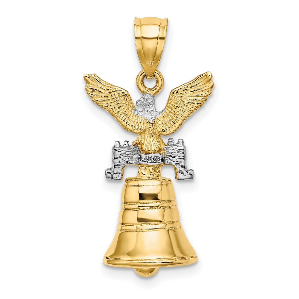 14k Multi-Tone Gold Bald Eagle and Liberty Bell Pendant, Patriotic USA Symbol for Men or Unisex