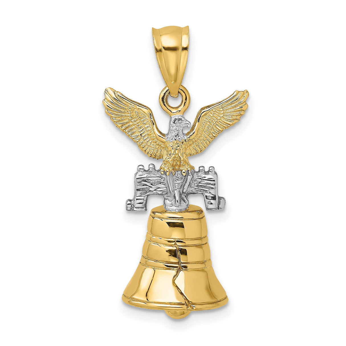 14k Multi-Tone Gold Bald Eagle and Liberty Bell Pendant, Patriotic USA Symbol for Men or Unisex