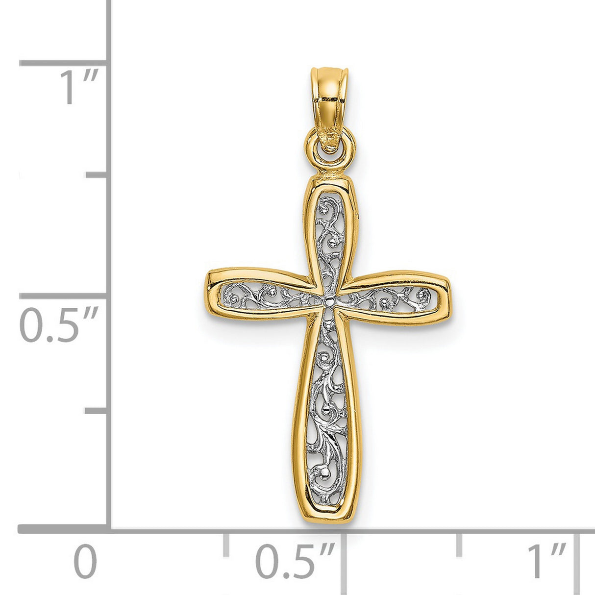14k Two-Tone Gold Cross Pendant with Ornate Scrollwork Design and Faith Symbol