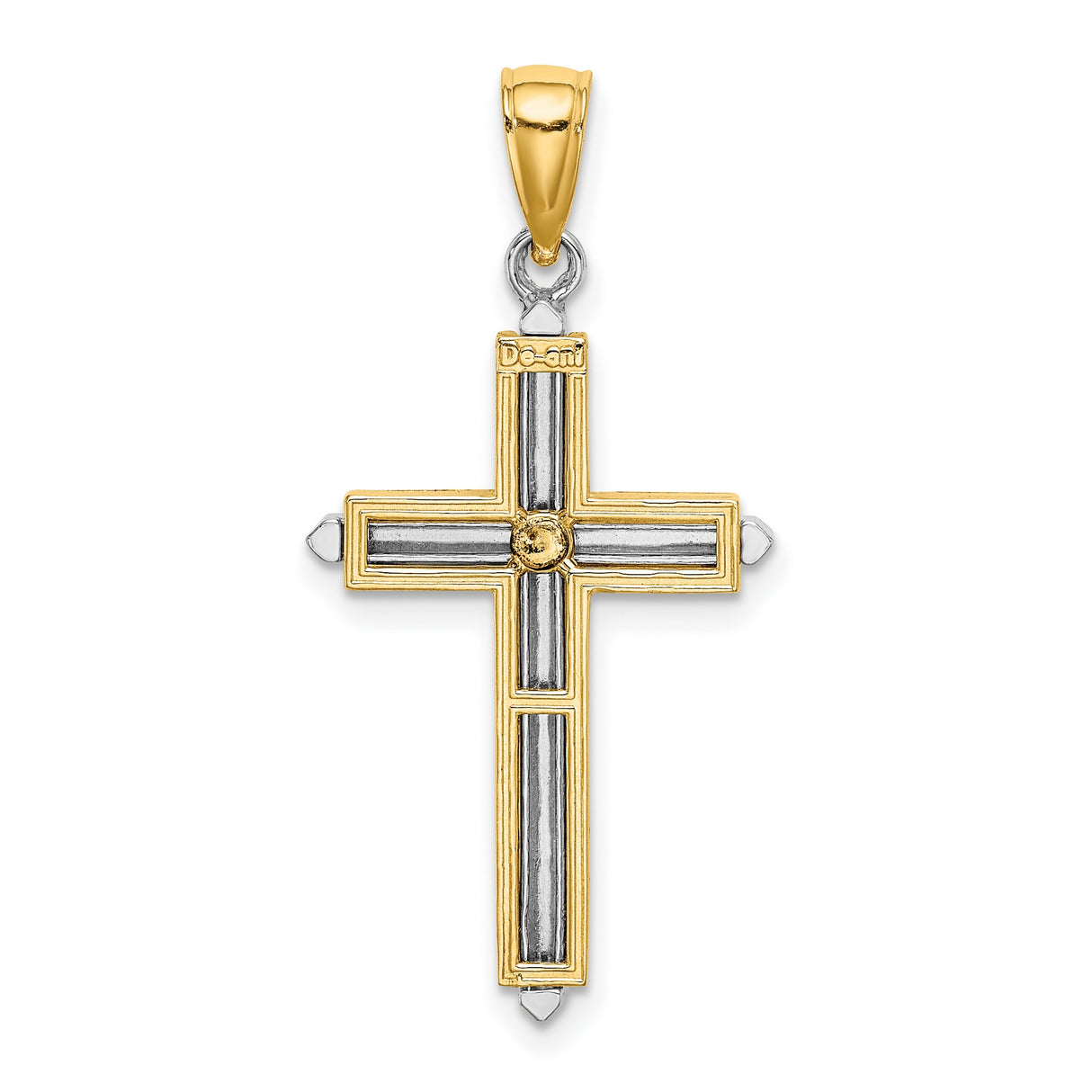 14k Yellow and White Gold Cross Pendant, Polished Two-Tone Religious Charm for Men and Women