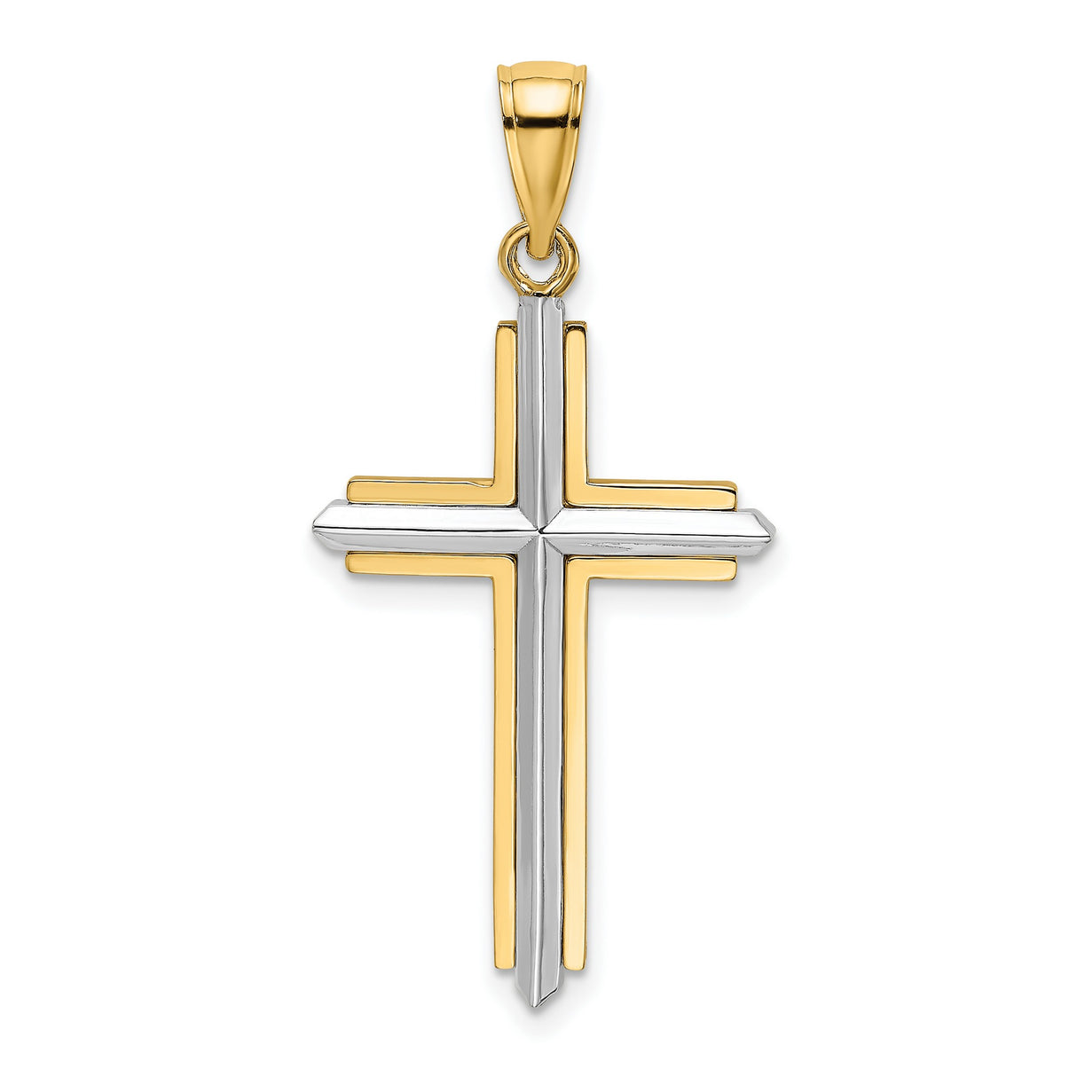 14k Yellow and White Gold Cross Pendant, Polished Two-Tone Religious Charm for Men and Women