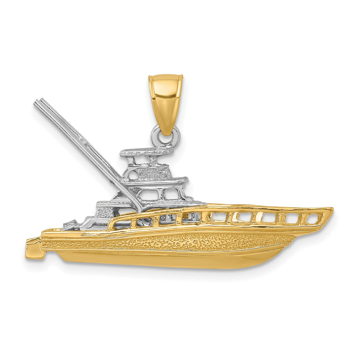 14k Two-Tone Gold Yacht Pendant, Realistic Sport Fishing Boat Charm, Nautical Jewelry for Men and Women