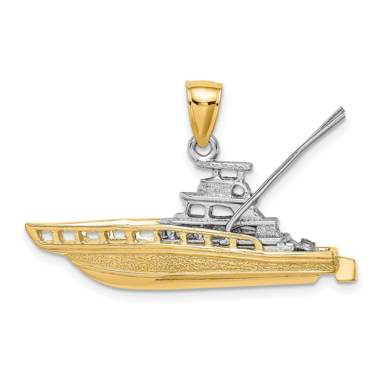 14k Two-Tone Gold Yacht Pendant, Realistic Sport Fishing Boat Charm, Nautical Jewelry for Men and Women