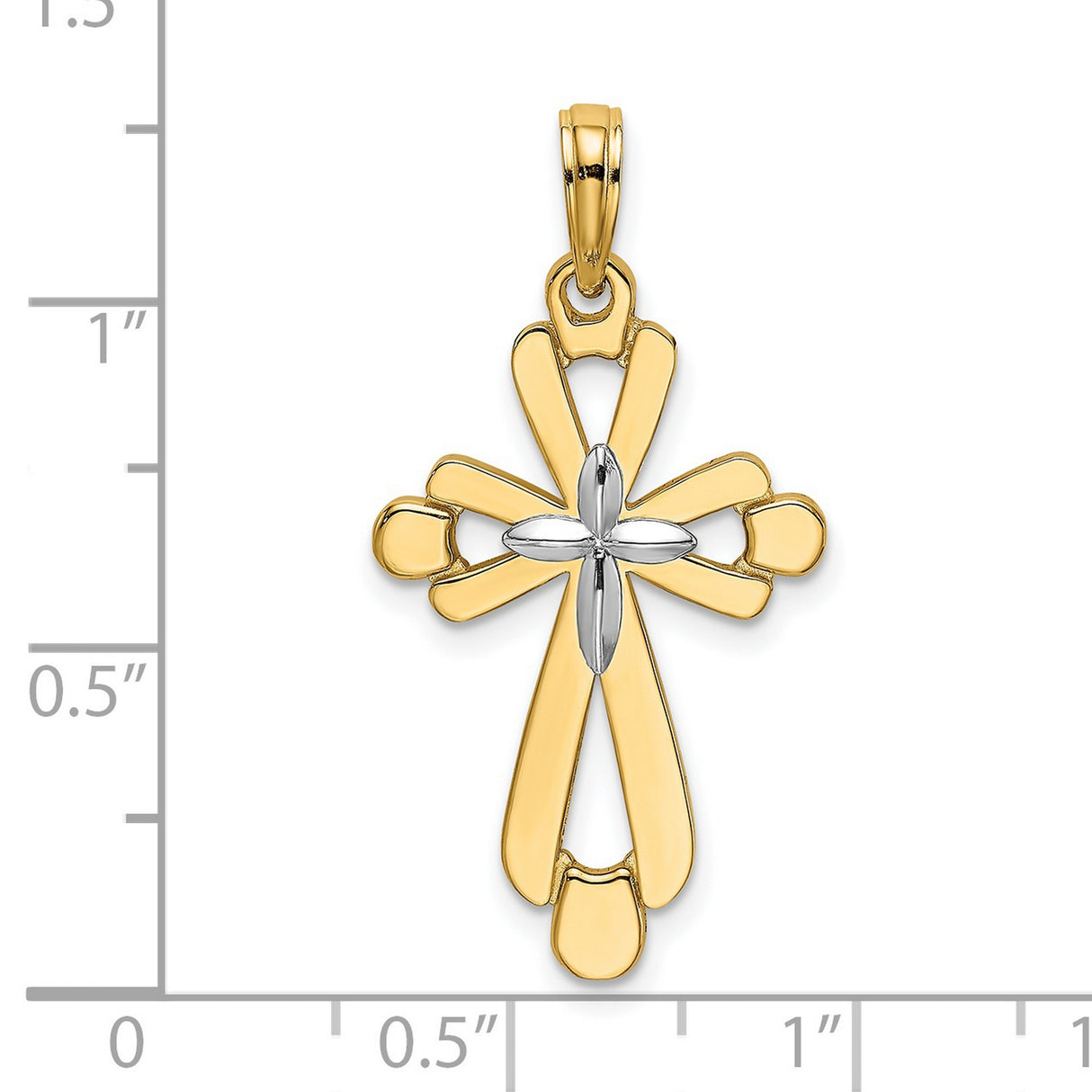 14k Multi-Tone Gold Cross Pendant with Teardrop Detail and Leaf Motif