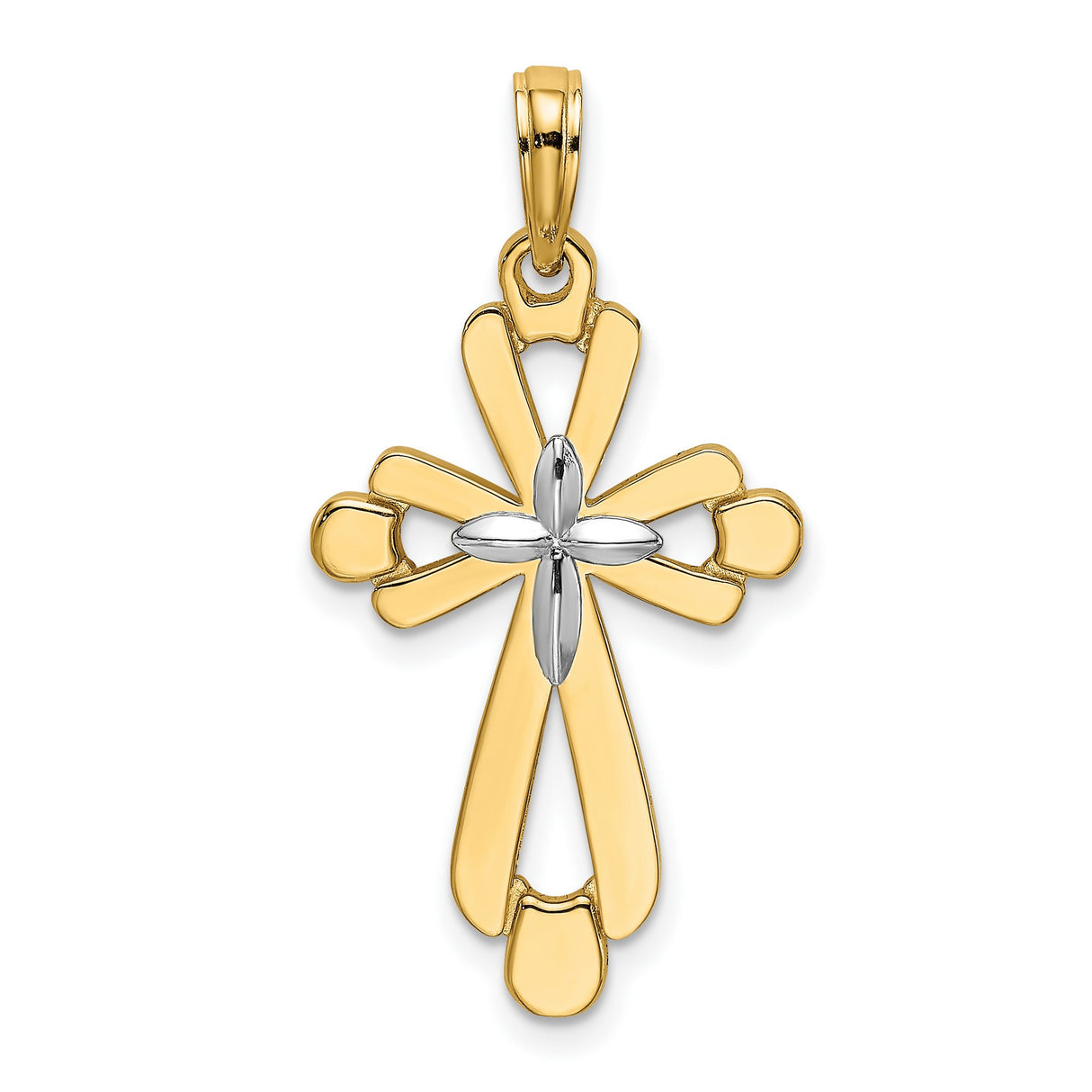 14k Multi-Tone Gold Cross Pendant with Teardrop Detail and Leaf Motif