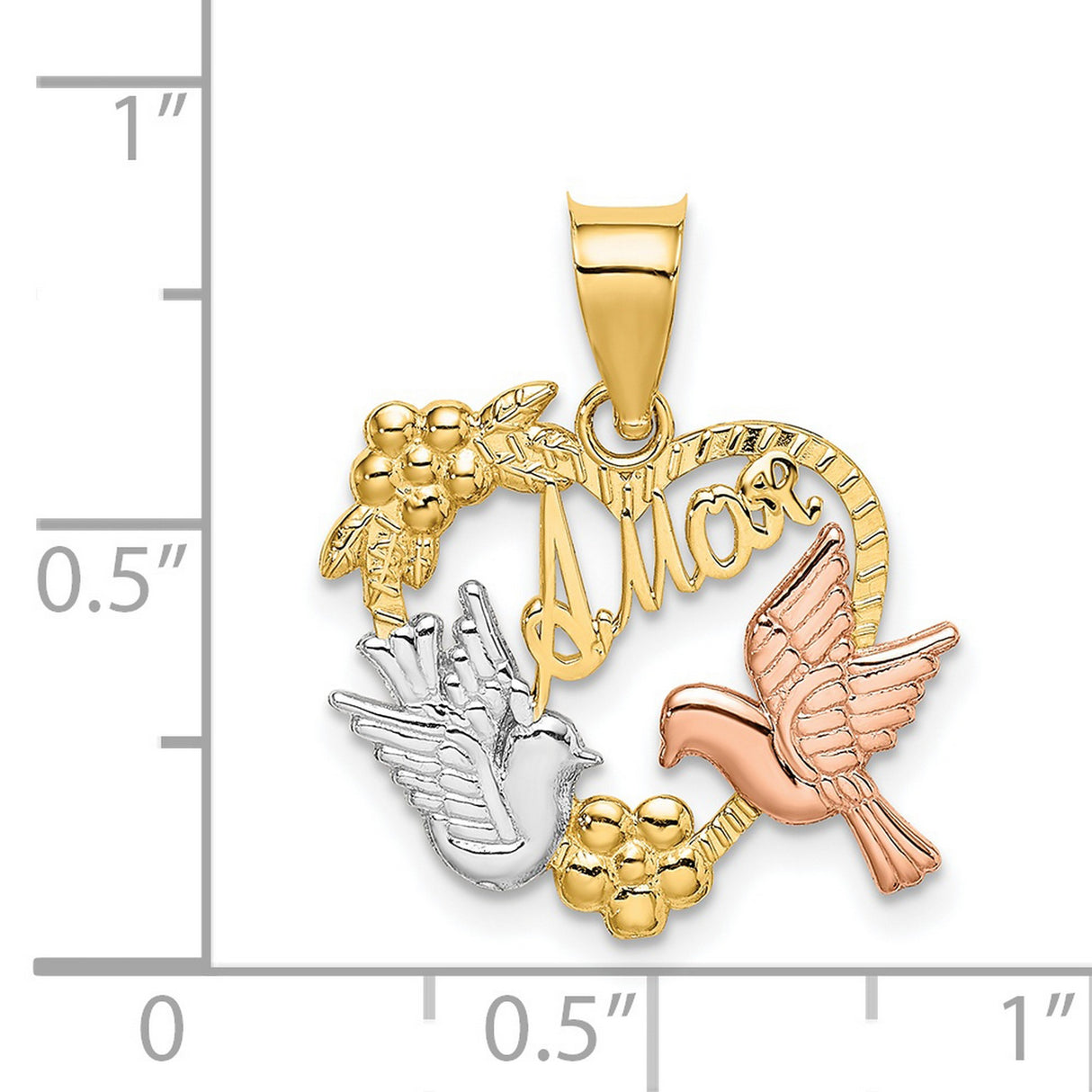 14k Two-Tone Gold Heart Pendant with Roses and Doves, Romantic Floral Jewelry