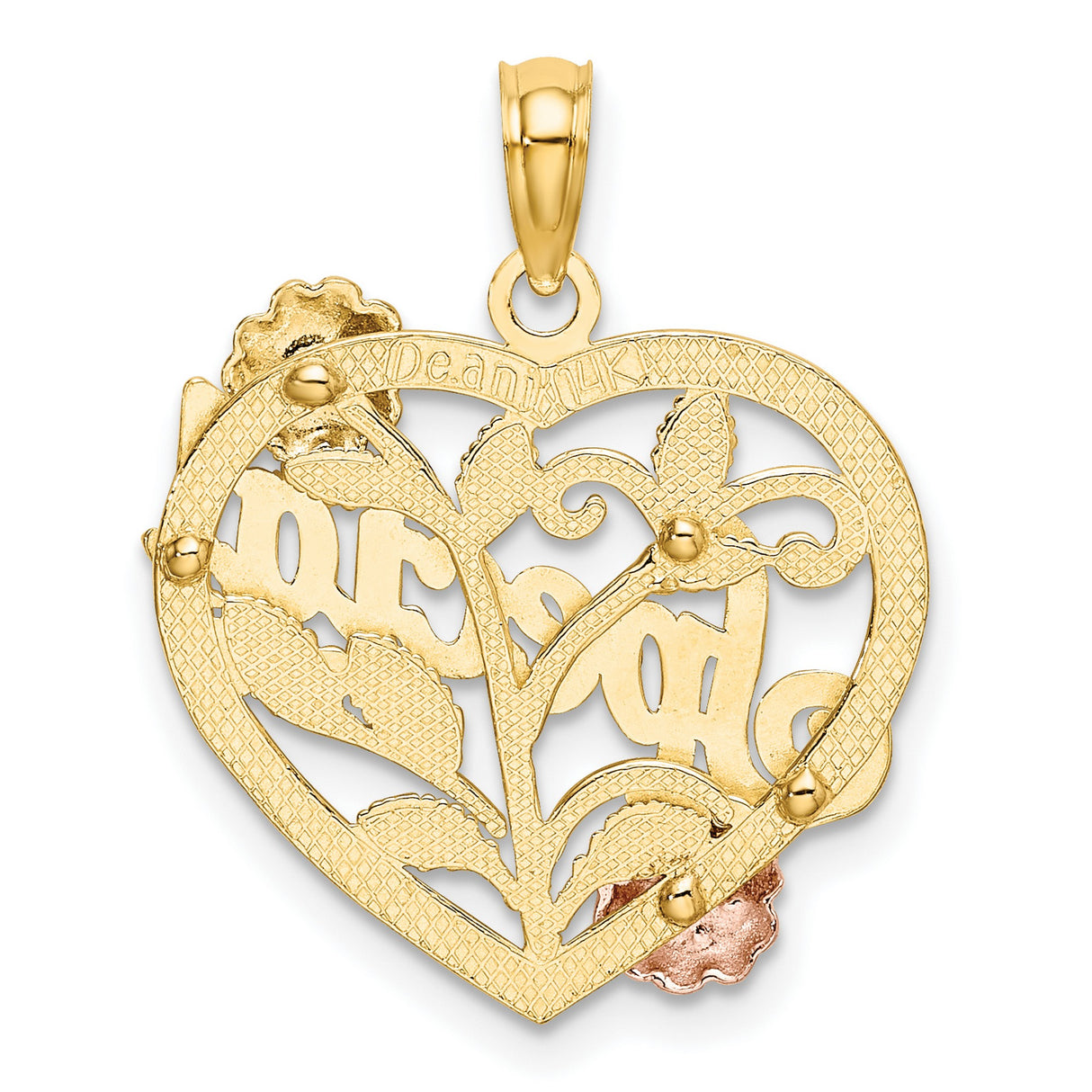 14k Two-Tone Gold Heart Pendant with Floral Rose and White Gold Accents and Leaf Vine Design