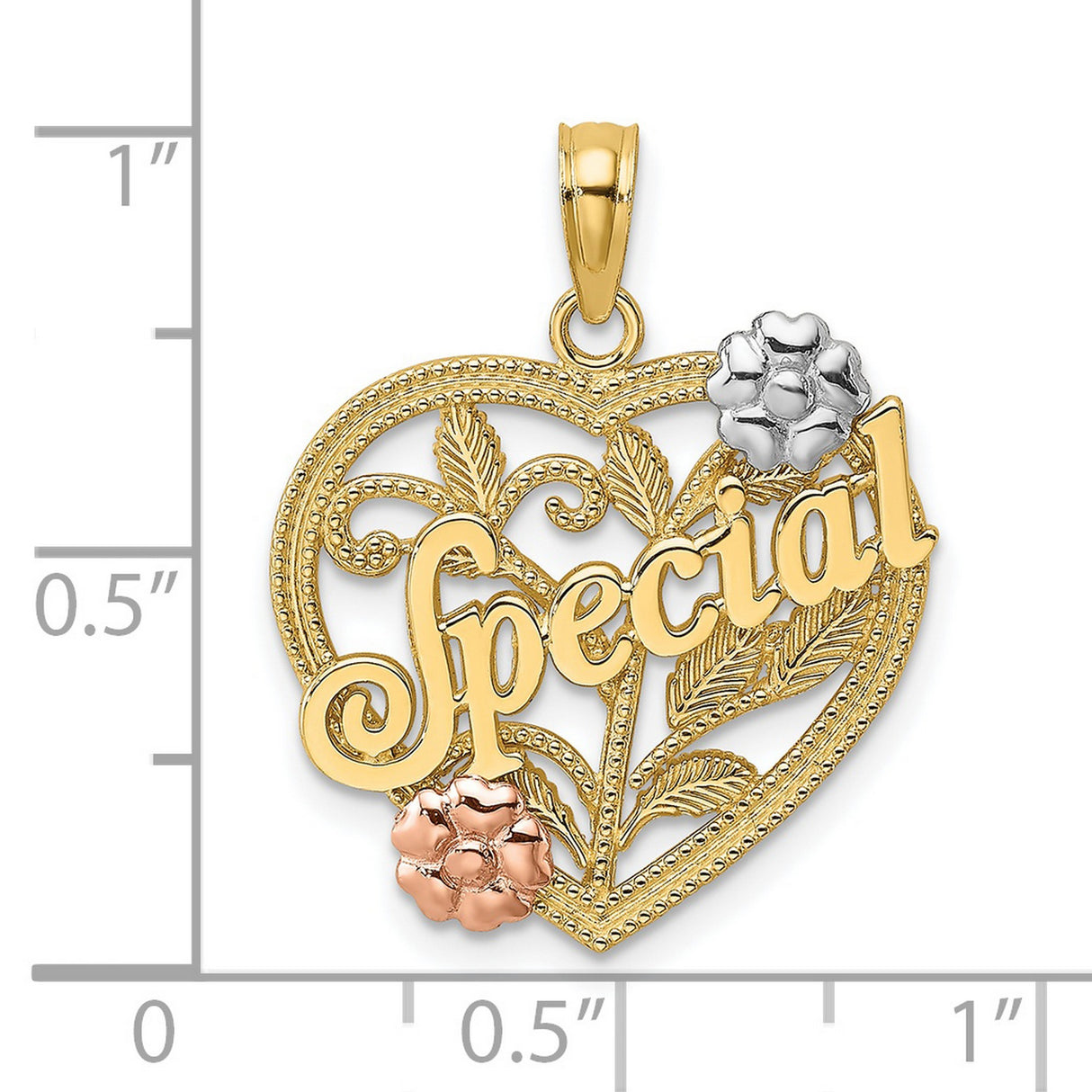 14k Two-Tone Gold Heart Pendant with Floral Rose and White Gold Accents and Leaf Vine Design