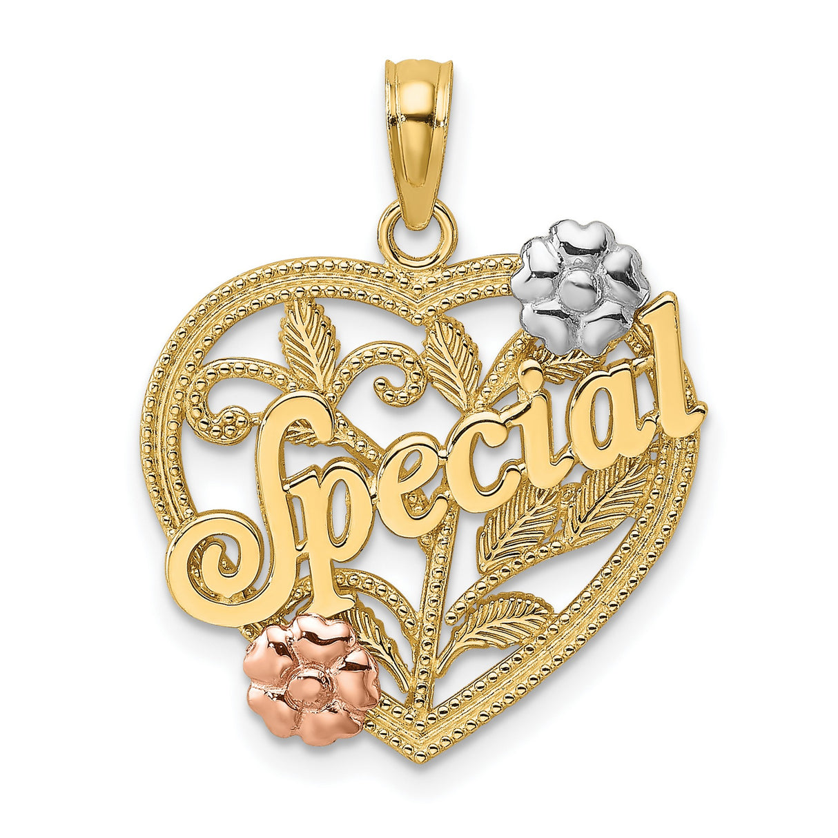 14k Two-Tone Gold Heart Pendant with Floral Rose and White Gold Accents and Leaf Vine Design