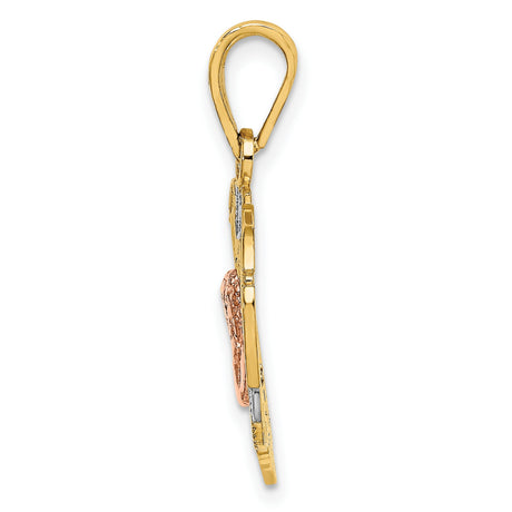 14k Two-Tone Gold Heart Pendant with Cherub Angel and Filigree Design