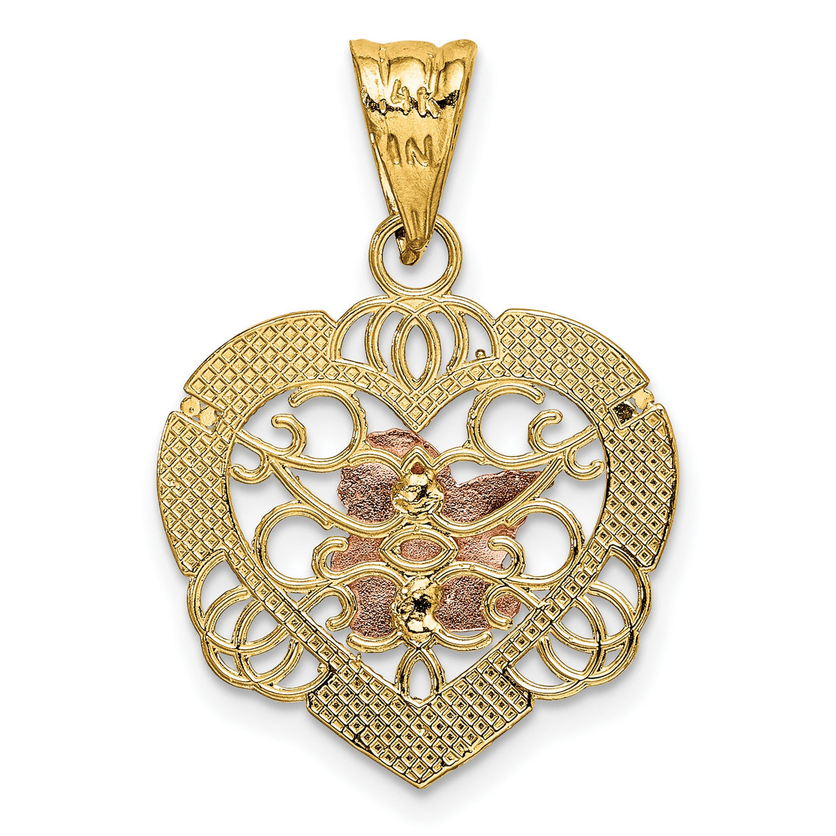 14k Two-Tone Gold Heart Pendant with Cherub Angel and Filigree Design